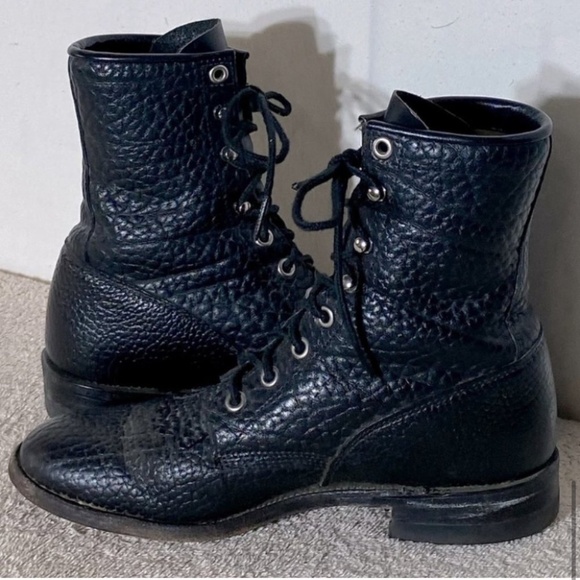 Vintage Justin Boots Black Pebbled Leather Lace Up Packer Boots 6 - Picture 8 of 13